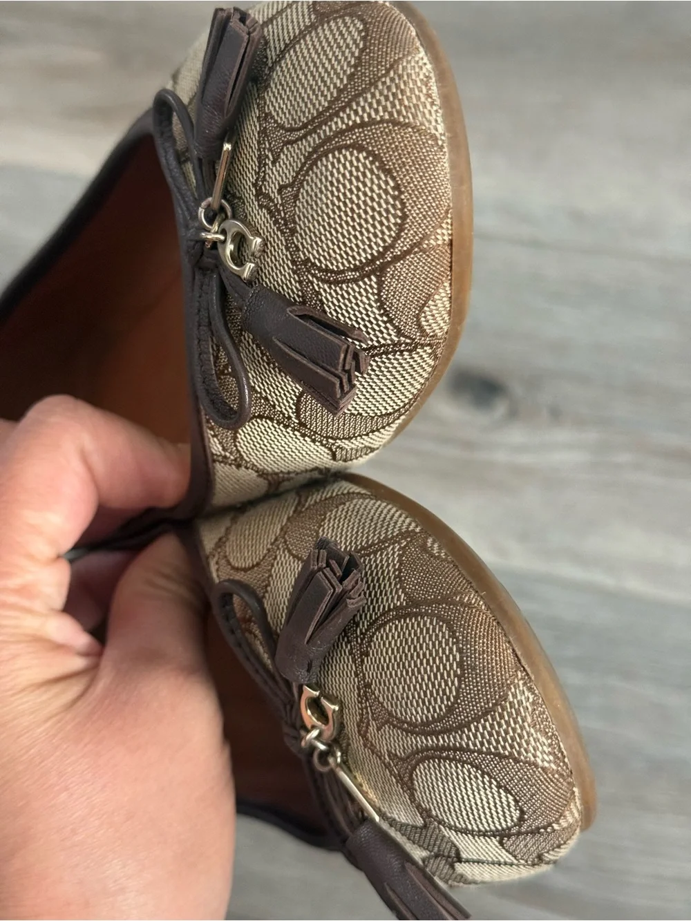COACH Brown Signature Canvas Tassel Ballet Flats